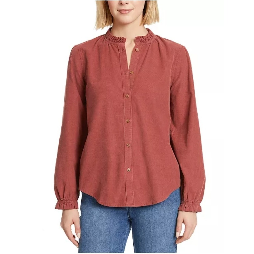 Gloria Vanderbilt shirt corduroy button Up maroon‎ Medium ruffle Grannycore Work